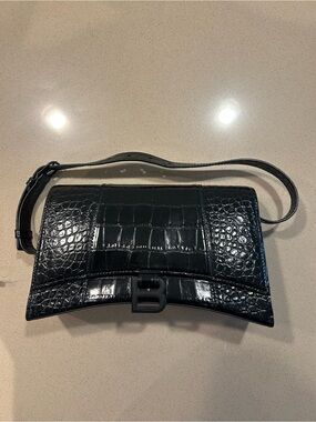Balenciaga Black Croc-Embossed Hourglass Crossbody Bag